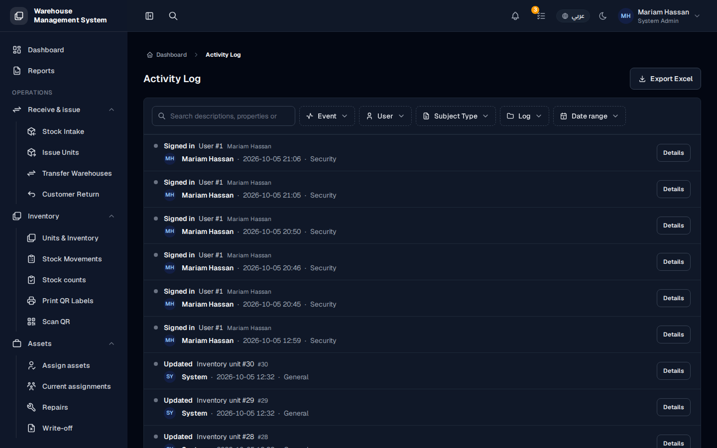 Activity log