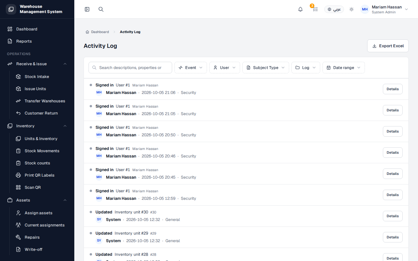 Activity log