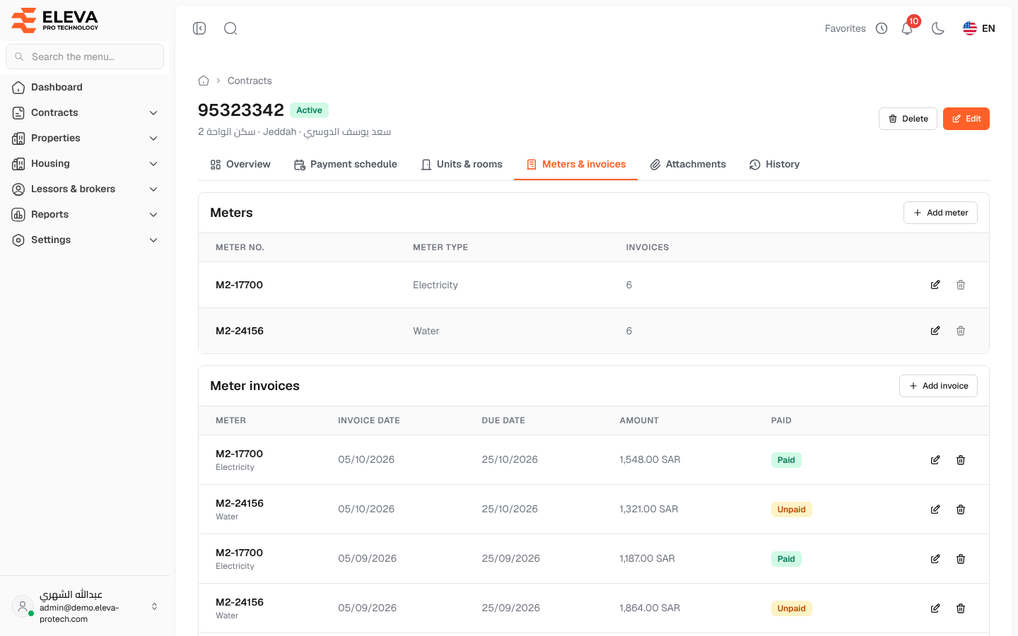 Meters and invoices of a contract