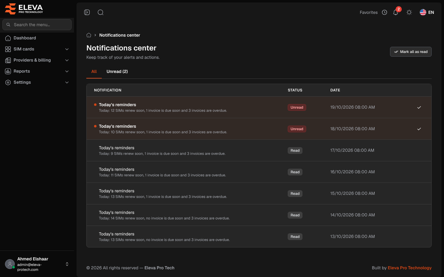 Notifications center