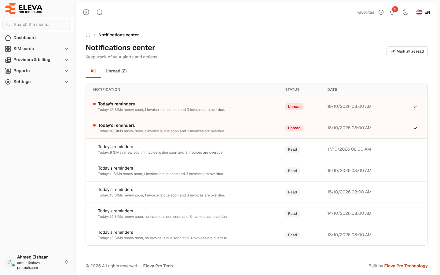 Notifications center