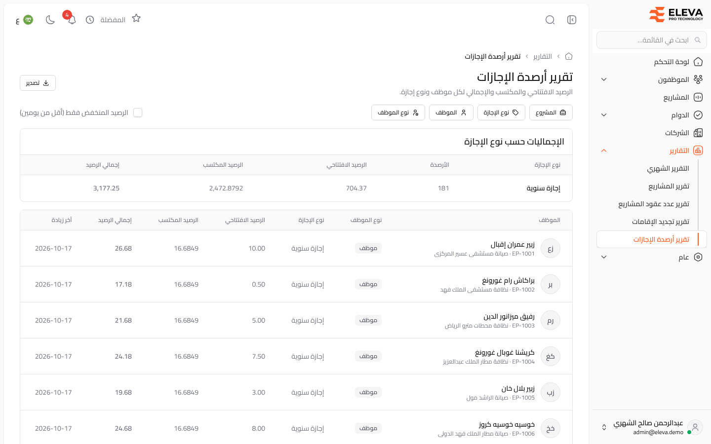 تقرير أرصدة الإجازات