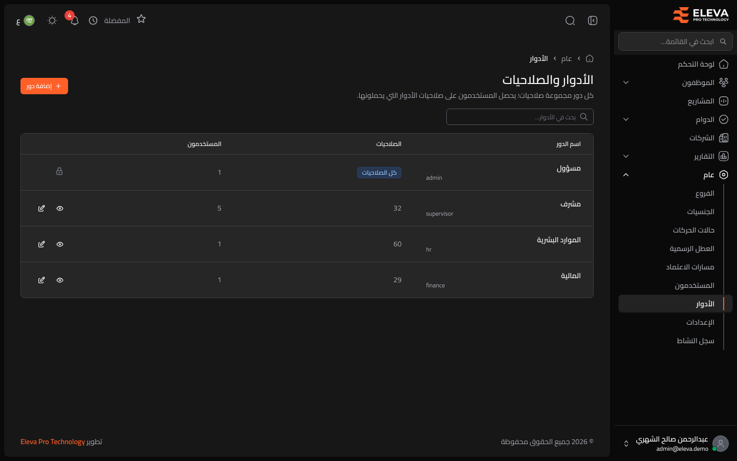 الأدوار والصلاحيات