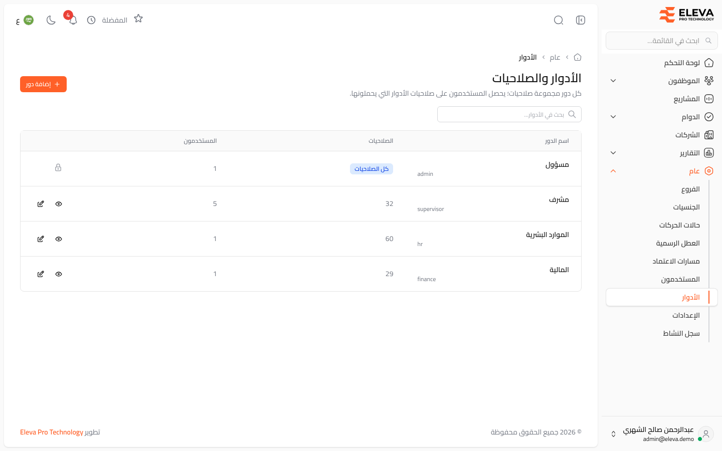 الأدوار والصلاحيات